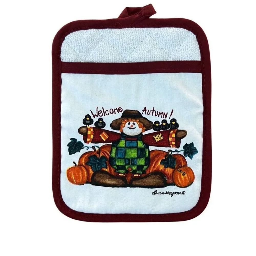 Laurie Korsgaden Fall Autumnal Scarecrow and Pumpkins Oven Mitt Vintage 90s NWOT